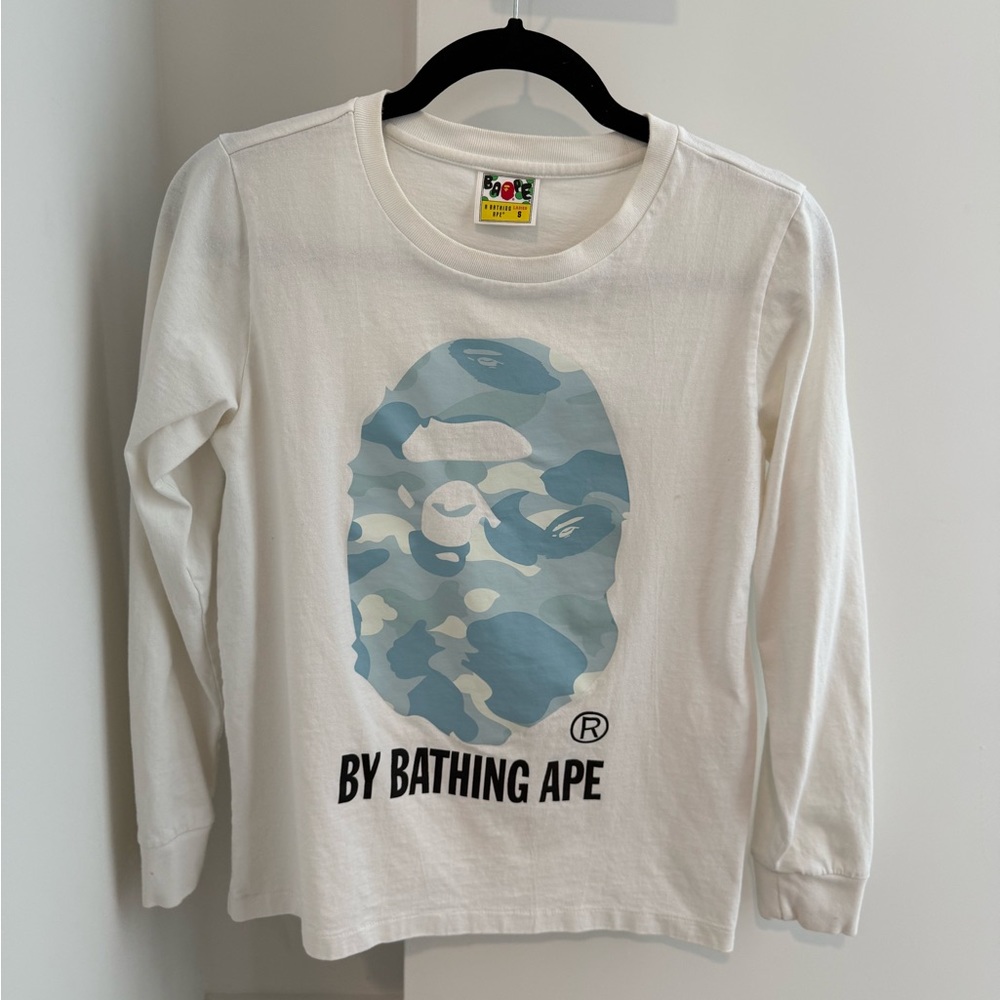 Bape White Long Sleeve Tee with Blue Camo Logo